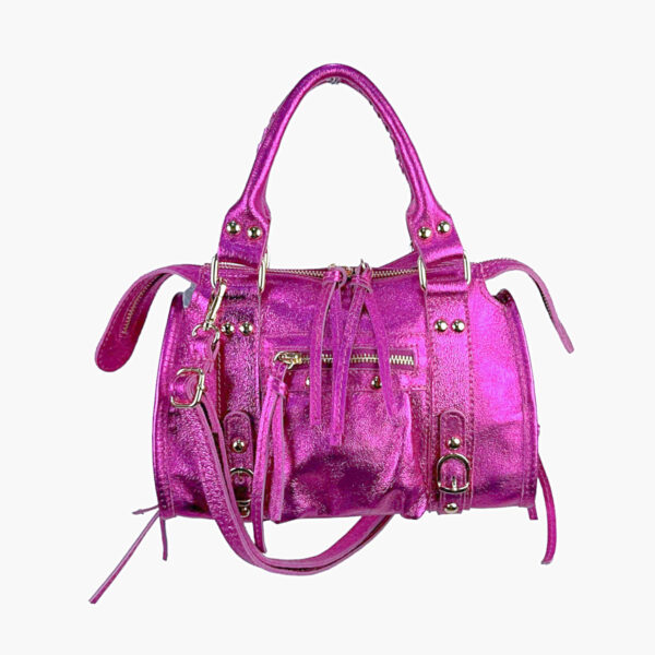 Bolso de Mano en Piel Italiana de Mujer con Efecto Brillante y Bolsillo Frontal