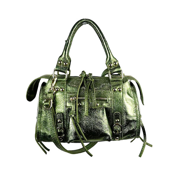 Bolso de Mano en Piel Italiana de Mujer con Efecto Brillante y Bolsillo Frontal