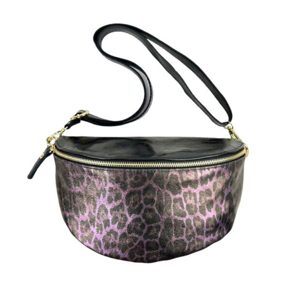 Riñonera de Piel con Estampado de Leopardo y Efecto Brillante para Mujer