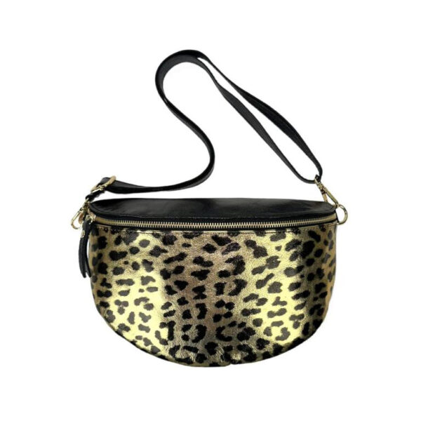 Riñonera de Piel con Estampado de Leopardo y Efecto Brillante para Mujer