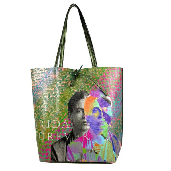 Amplio Bolso Shopper de Mujer en Piel con Diseño Frida Kahlo y Monedero Extra