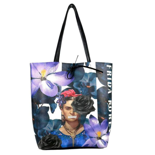 Amplio Bolso Shopper de Mujer en Piel con Diseño Frida Kahlo y Monedero Extra