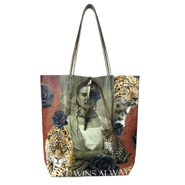 Amplio Bolso Shopper de Mujer en Piel con Diseño Frida Kahlo y Monedero Extra