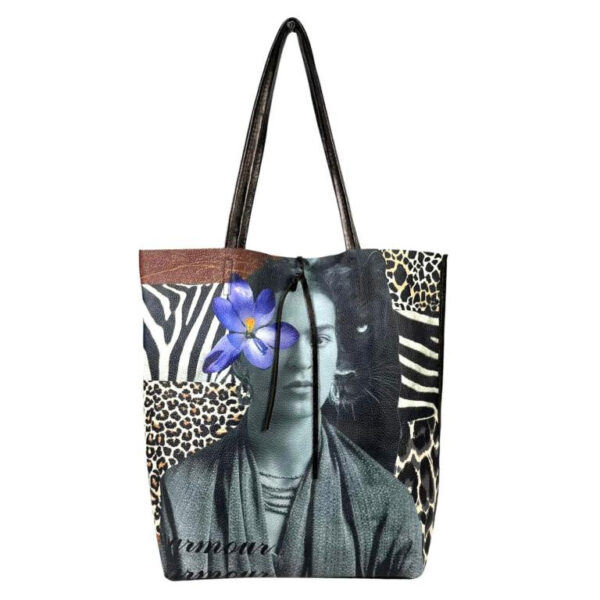 Amplio Bolso Shopper de Mujer en Piel con Diseño Frida Kahlo y Monedero Extra