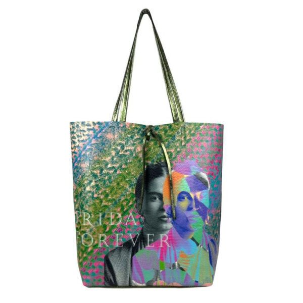 Amplio Bolso Shopper de Mujer en Piel con Diseño Frida Kahlo y Monedero Extra