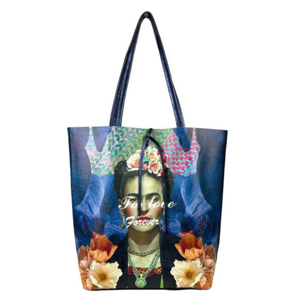 Amplio Bolso Shopper de Mujer en Piel con Diseño Frida Kahlo y Monedero Extra