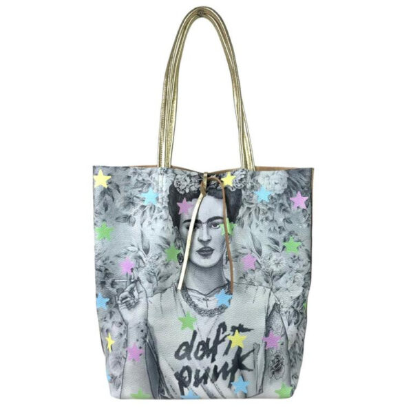 Amplio Bolso Shopper de Mujer en Piel con Diseño Frida Kahlo y Monedero Extra