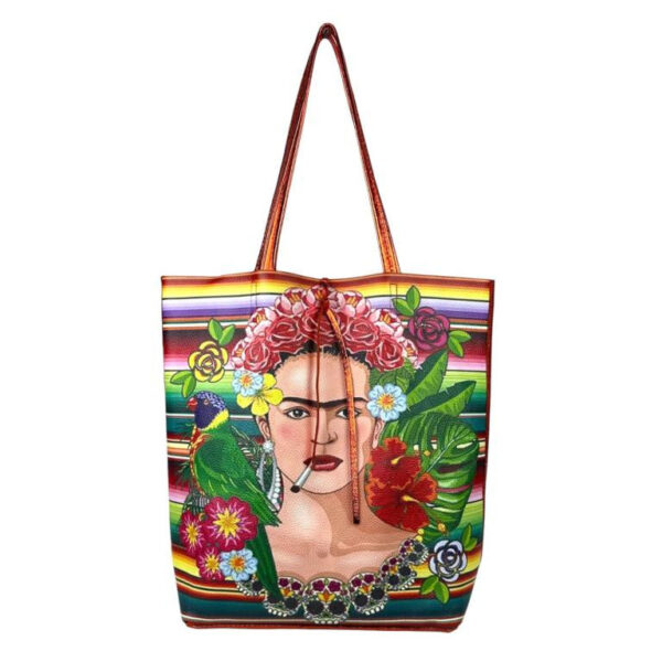 Amplio Bolso Shopper de Mujer en Piel con Diseño Frida Kahlo y Monedero Extra