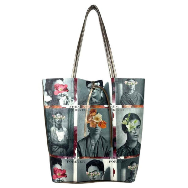 Amplio Bolso Shopper de Mujer en Piel con Diseño Frida Kahlo y Monedero Extra