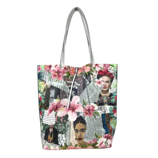 Amplio Bolso Shopper de Mujer en Piel con Diseño Frida Kahlo y Monedero Extra