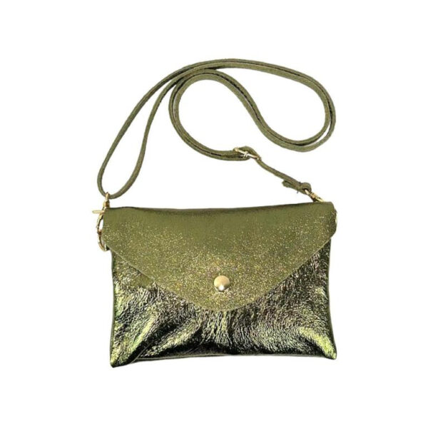 Bolsito de Piel para Mujer con Efecto Brillante, Solapa de Botón y Tira Bandolera