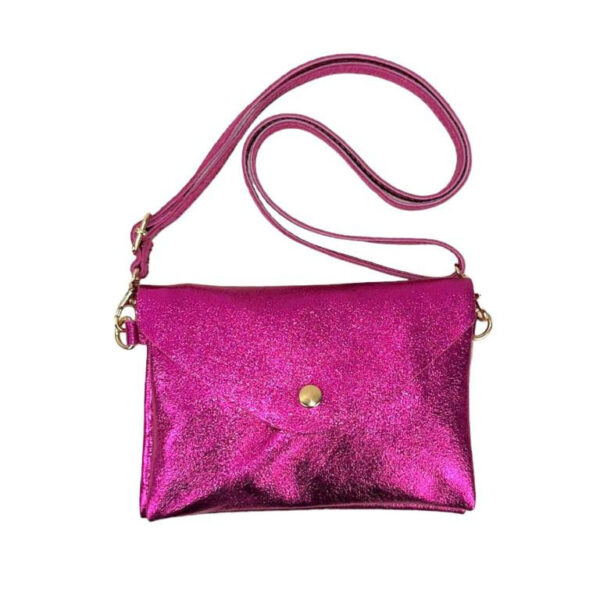 Bolsito de Piel para Mujer con Efecto Brillante, Solapa de Botón y Tira Bandolera