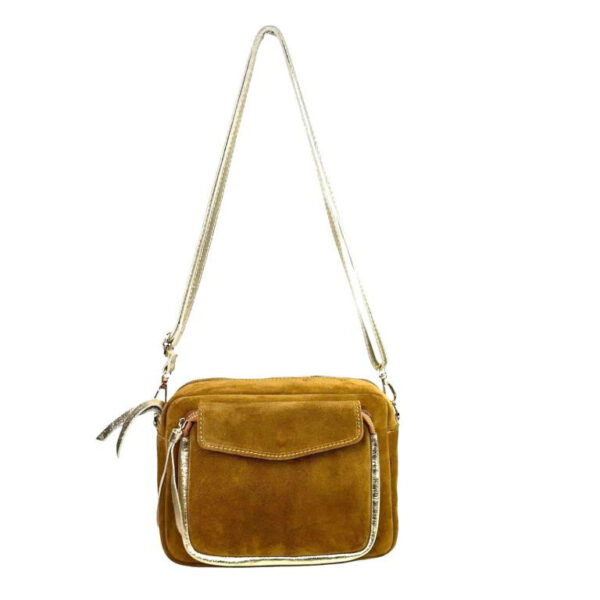 Bolso Bandolera Piel de Serraje Italiana con Bolsillo Frontal para Mujer