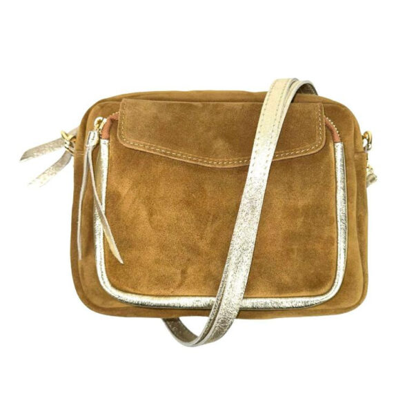 Bolso Bandolera Piel de Serraje Italiana con Bolsillo Frontal para Mujer