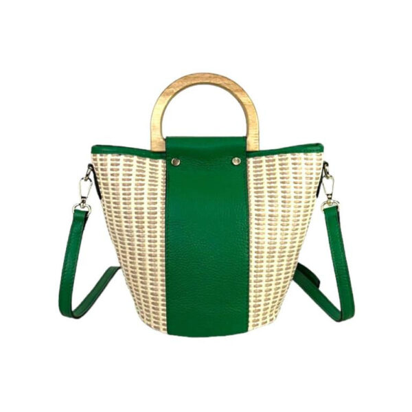 Bolso Bucket de Rafia y Piel Italiana con 2 Asas de madera