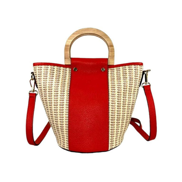 Bolso Bucket de Rafia y Piel Italiana con 2 Asas de madera