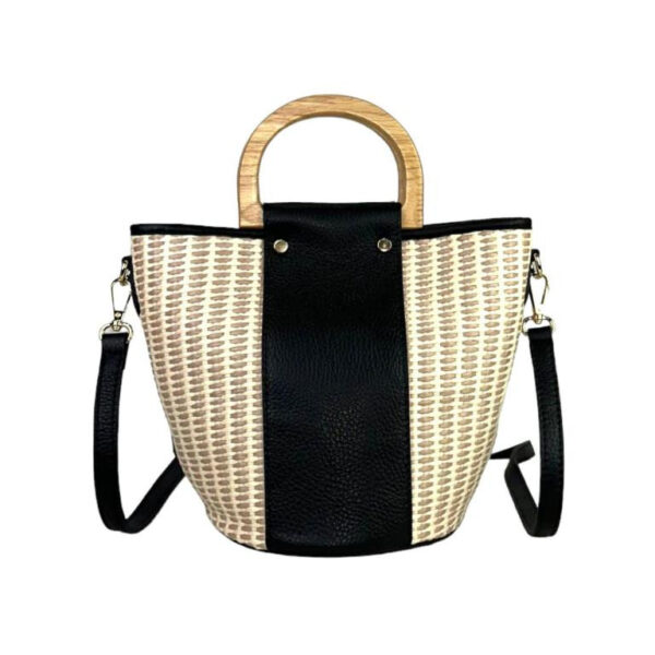 Bolso Bucket de Rafia y Piel Italiana con 2 Asas de madera