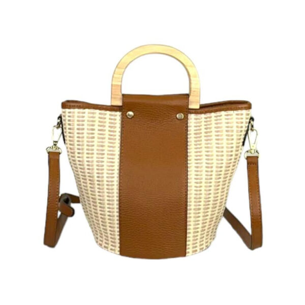 Bolso Bucket de Rafia y Piel Italiana con 2 Asas de madera