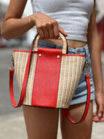 Bolso Bucket de Rafia y Piel Italiana con 2 Asas de madera