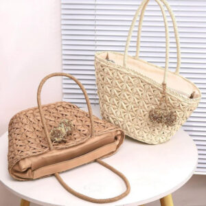 Cesta de Papel con Asas Largas, Forro Interior y Pompones Decorativos para Mujer