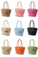 Cesta de Papel con Asas Largas, Forro Interior y Pompones Decorativos para Mujer