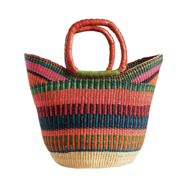 Cesta artesanal moldeable africana grande con asas de piel DIY