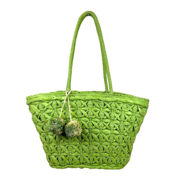 Cesta de Papel con Asas Largas, Forro Interior y Pompones Decorativos para Mujer