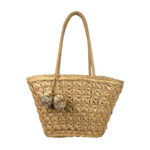 Cesta de Papel con Asas Largas, Forro Interior y Pompones Decorativos para Mujer