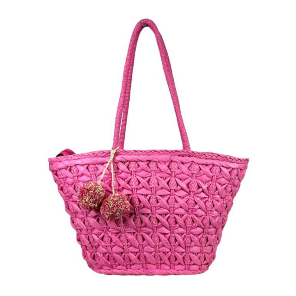 Cesta de Papel con Asas Largas, Forro Interior y Pompones Decorativos para Mujer