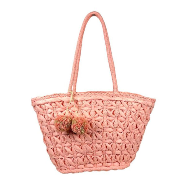 Cesta de Papel con Asas Largas, Forro Interior y Pompones Decorativos para Mujer