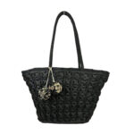 Cesta de Papel con Asas Largas, Forro Interior y Pompones Decorativos para Mujer