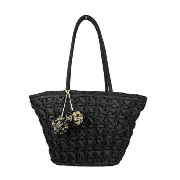 Cesta de Papel con Asas Largas, Forro Interior y Pompones Decorativos para Mujer