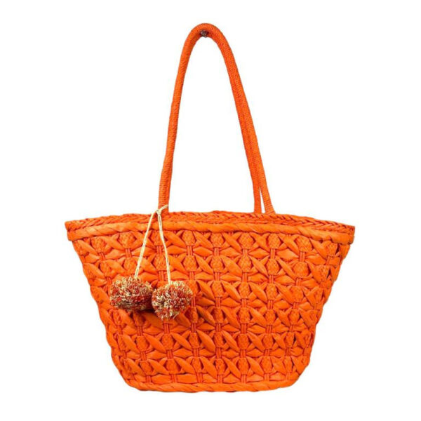 Cesta de Papel con Asas Largas, Forro Interior y Pompones Decorativos para Mujer