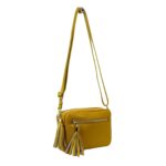 Bolsito Bandolera Piel Con Bolsillo Frontal Y Flecos Decorativos-Amarillo- Mayorista España