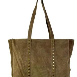 Bolso Shopper de Piel Serraje con Tachuelas y Asas Largas-Taupe- Mayorista España