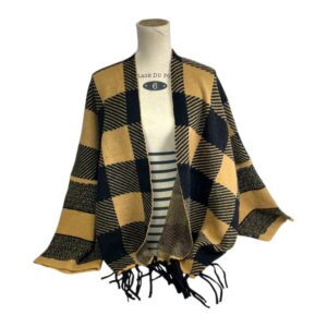 Precioso Poncho de Mujer Con Diseño Cuadrados y Flecos Decorativos-Taupe- Mayorista España