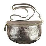 Amplia Riñonera Metalizada de Piel Italiana para Mujer con Efecto Brillante