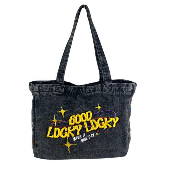 Amplio Bolso de Hombro en Algodón y Tela Vaquera con 2 Asas Largas y Diseño "Good Lucky Lucky" para Mujer - Imagen 2