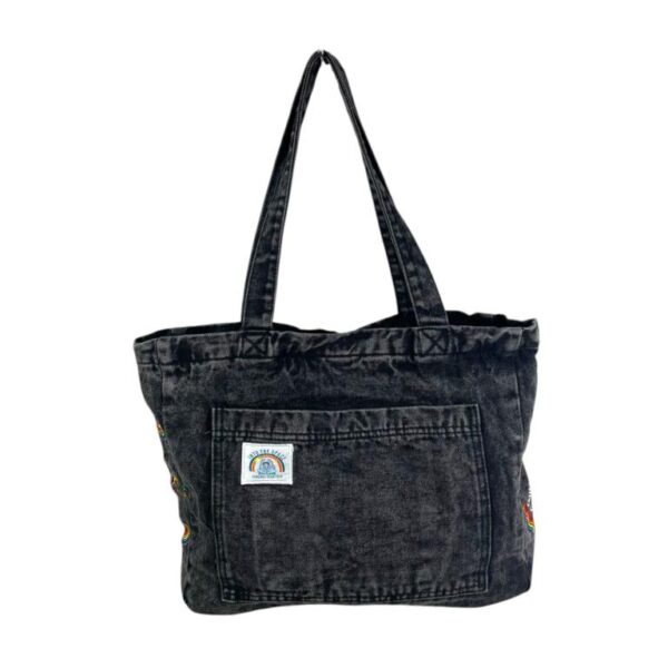 Amplio Bolso de Hombro en Algodón y Tela Vaquera con 2 Asas Largas y Diseño "Good Lucky Lucky" para Mujer - Imagen 4