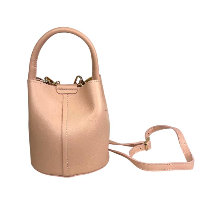 Bolso de Mano Estilo Bucket en Piel Italiana con Cierre de Botón y Tiras Laterales con Botones para Mujer