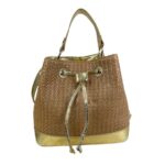 Bolso de Mano Sintético tipo Bucket con Efecto Brillante, Cierre de Cuerdas y Cremallera Mujer