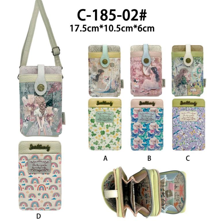 Bolsito Portamovil Sintético para Mujer con Diseño Muñeca Sweet Candy, 3 Compartimentos y Tira Bandolera