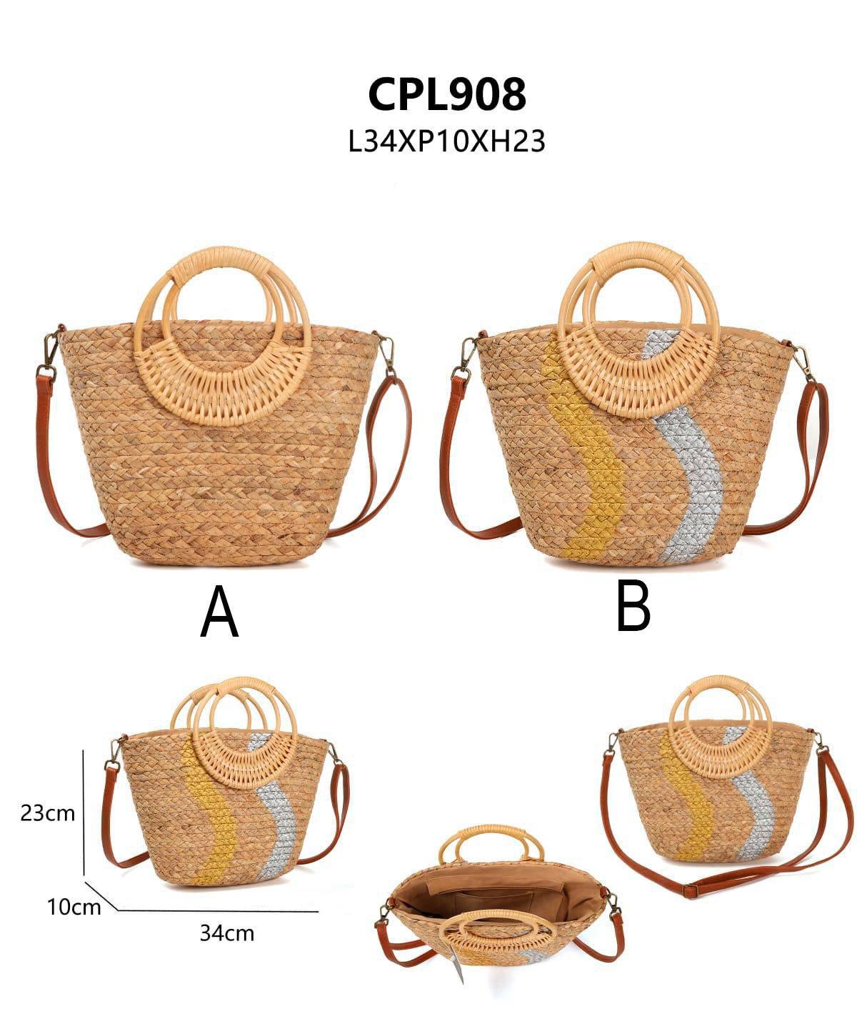 Cesta de Rafia Natural para Mujer con Asas Cortas Circulares, Cierre de Cremallera y Gran Capacidad