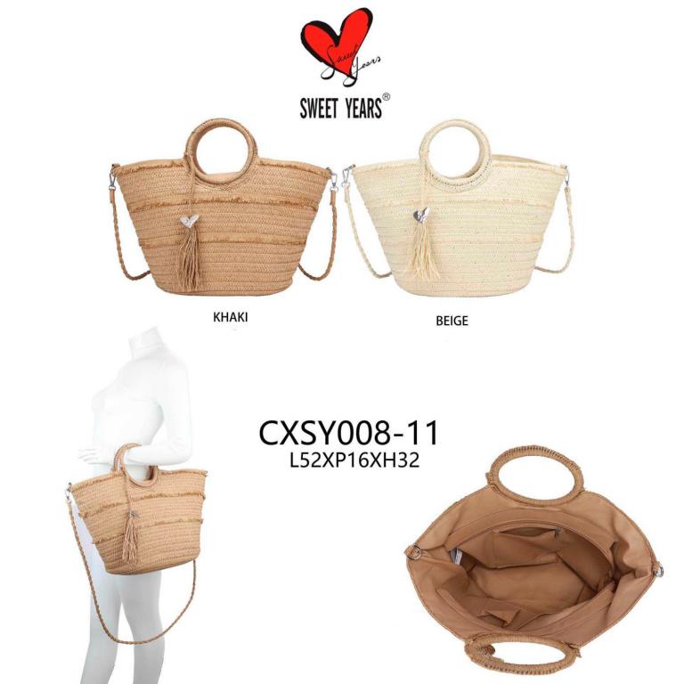 Amplia Cesta de Rafia con Flecos Decorativos Frontales, 2 Asas Circulares y Tira Bandolera para Mujer