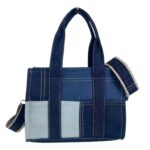 Bolso de Mano en Algodón Tipo Tote Pequeño para Mujer con Asas Cortas y Tira Bandolera-AzulClaro- Mayorista España