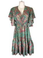 Vestido Artesanal de Seda India con Cuello en V, Alegre Diseño y Talla Única para Mujer