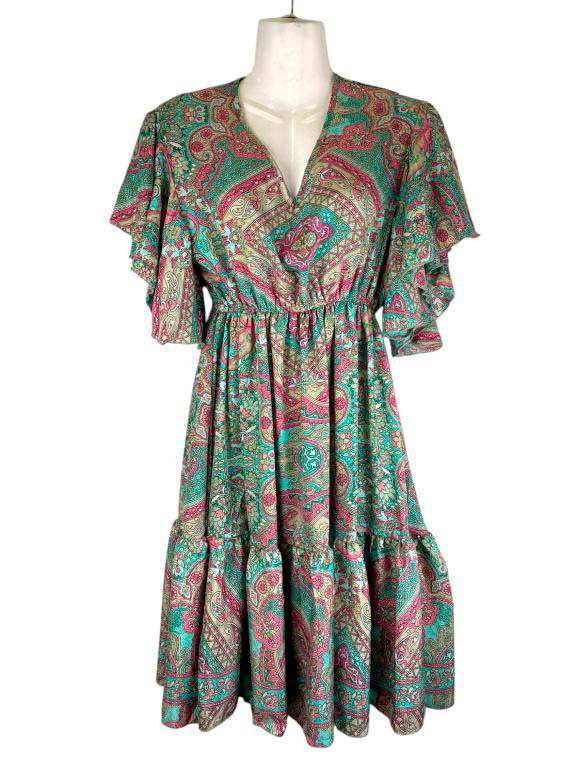 Vestido Artesanal de Seda India con Cuello en V, Alegre Diseño y Talla Única para Mujer