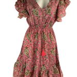 Vestido Corto Artesanal de Algodón con Escote, Mangas con Volantes y Talla Única para Mujer