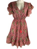 Vestido Corto Artesanal de Algodón con Escote, Mangas con Volantes y Talla Única para Mujer