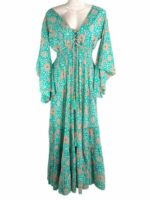 Vestido Largo Bohemio de Algodón con Escote, Mangas Largas y Nudo en la Espalda para Mujer